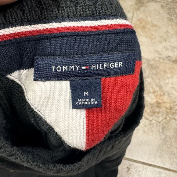 Tommy Hilfiger Cable-Knit Cotton Sweater Mens Medium Black Spellout Chunky - Picture 8 of 10